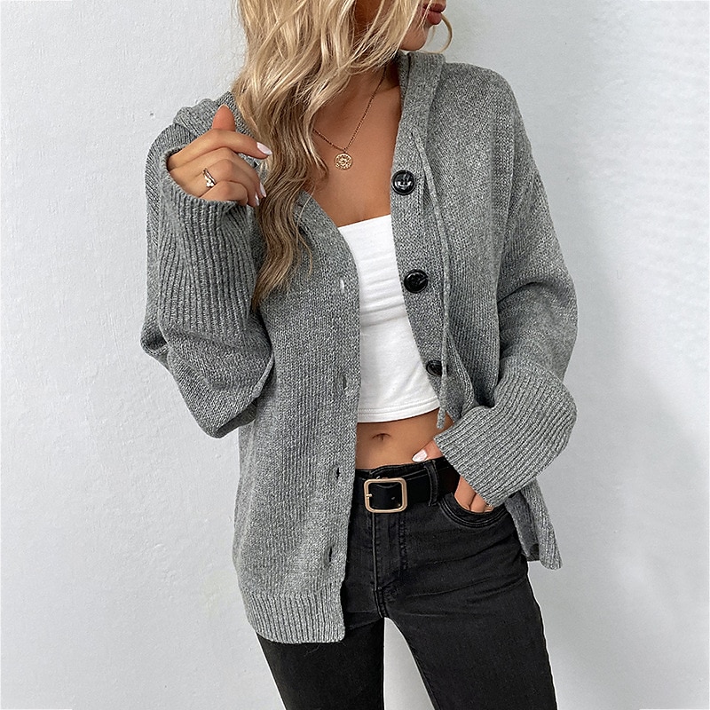 Hooded Button Crochet Knit Cardigan Black & White Holiday Style
