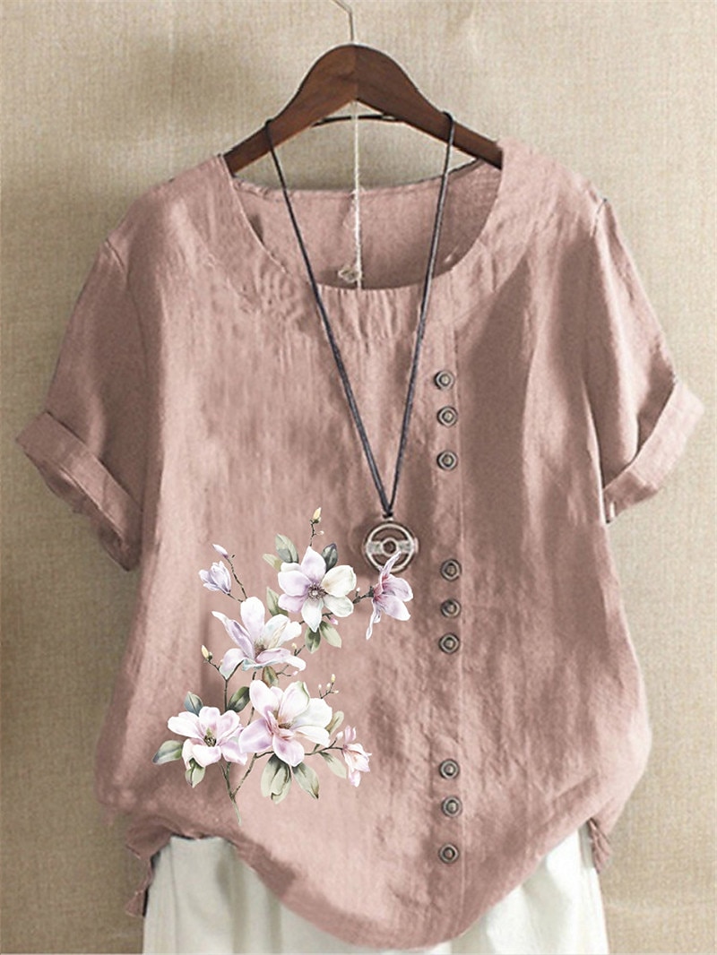 Linen Floral Button Print Blouse